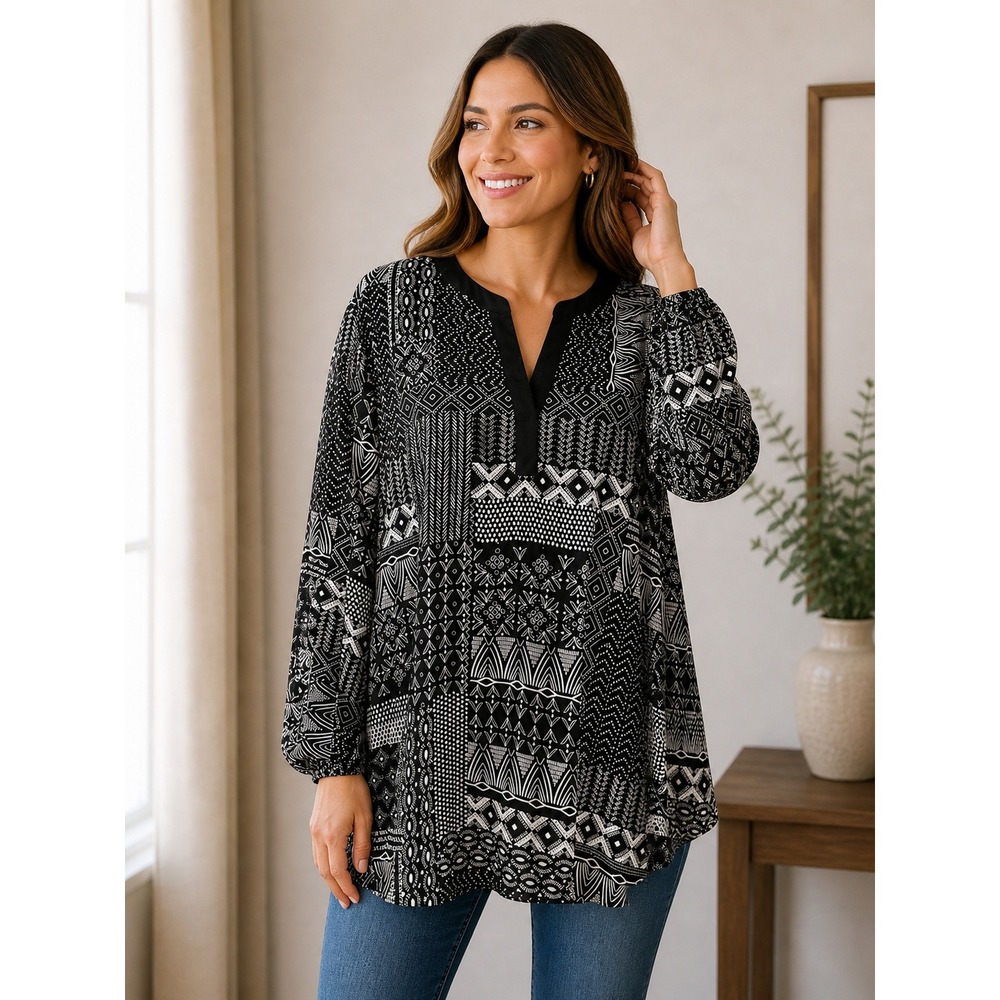 Counterparts Womens XL Black White Geometric Patchwork Split V-Neck Tunic Blouse